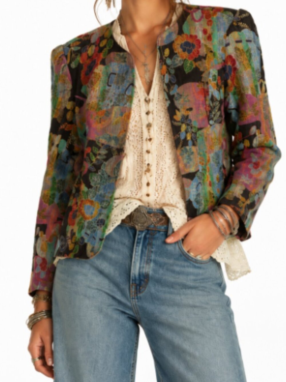 VINTAGE Caron Chicago Tapestry Jacket Blazer Cropped Coat Rainbow Floral Sz L